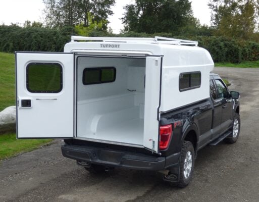 Tufport T62 shell model mounted on a Ford 4x4 with the rear 60/40 doors open